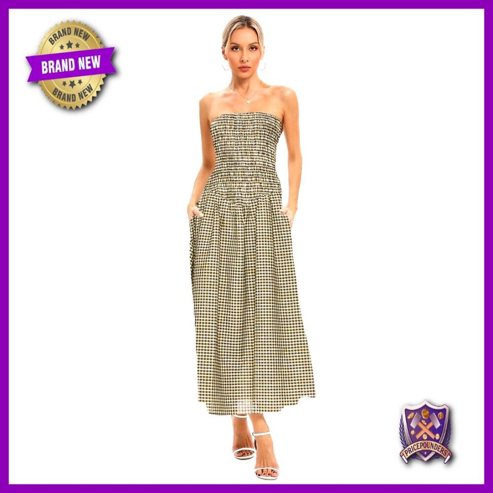 Strapless Maxi Dress Flowy Swing Boho Summer Beach Sundress with Pockets